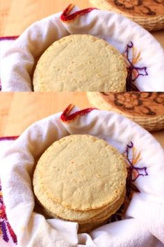 two pictures of some food on top of a white plate with red thread around the edges