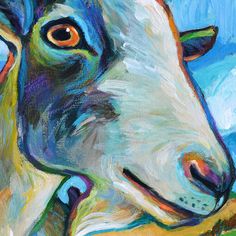 an oil painting of a goat with orange eyes and blue sky in the back ground