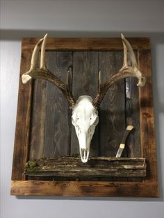 a deer's head mounted on a wooden wall with paintbrushes and other items