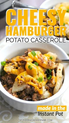 cheesey hamburger potato casserole in a white bowl with the title above it