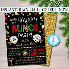 this is an image of a christmas party invitation with gold glitter and dice on it