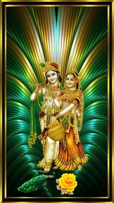 the god and goddess are standing in front of a green background with gold trimmings