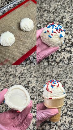 three ice cream cones with sprinkles on them being held in pink gloves