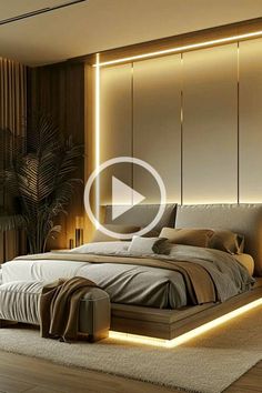 a large bed sitting in a bedroom next to a wall with lights on the headboard