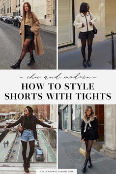 Want inspiration for chic and modern shorts with tights outfit ideas? See how to style a shorts and tights outfit for winter, fall, spring, and even summer. Whether you like the grunge look or a minimal, clean aesthetic, you'll find an outfit here you can rock in 2022 and 2023. Wear these tights under shorts outfits for a night out, to work (business casual), for a day running errands, and see how to wear the look with sneakers, loafers, pumps, and boots! Fall Outfits 2023 Shorts, Short With Leggings Outfit, Short Stockings Outfit, Leggings With Shorts Outfit, Winter Shorts Outfits Casual, Shorts In The Winter, Night Out Shorts Outfit, How To Wear A Short Dress In Winter