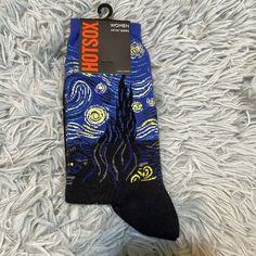 Nwt Women’s Socks - Van Gogh Stary Night One Size Soft And Comfortable! Van Gogh Clothing, Starry Night Cardigan, Van Gogh Merchandise, Starry Night Socks, Navy Blue Socks Space, Socks Women, Van Gogh, Color Blue, Socks