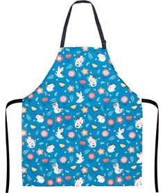 a blue apron with bunny and flowers on it