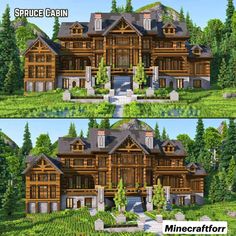 two pictures of a large wooden house in the middle of some trees and bushes, one is