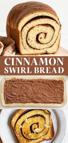 cinnamon swirl bread on a plate with the title above it