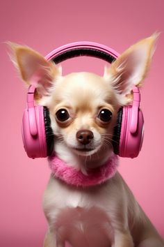 A small Chihuahua with pink headphones sits proudly, showcasing its stylish and adorable fashion sense. Pink Chihuahua, Pink Headphones, Puppy Photography, Pop Art Animals, Animal Portraits Art, Animated Animals, Cute Pugs, Wolf Dog