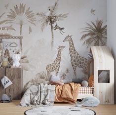 a child's bedroom with giraffes and palm trees on the wall