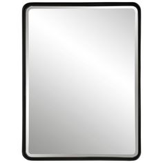 a square mirror with black frame on the bottom and white border around it, against a white background