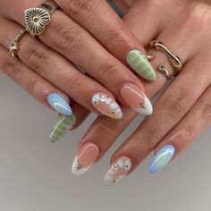 Prom nails!!! I’m in love w how this set turned out!!! Gel x full set: $67 Mixed media (intricate) designs: $50 Total: $117 Simplistic Summer Nails, Blue Green Nail Ideas, Vintage Summer Nails, Blue Green White Nails, Pink Blue Green Nails, Summer Nail Inspo Green, Teal Design Nails, Blue Or Green Nails, Coastal Nails Aesthetic