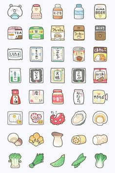 an image of food icons drawn in colored pencils on white paper with japanese characters