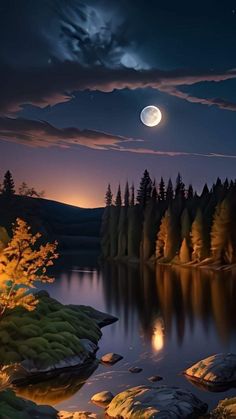 a painting of a lake at night with the moon in the sky and trees around it