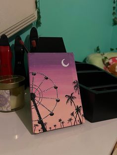 Acrylic painting of a Ferris Wheel and Palm Trees silhouette at sunset Cute Pig Drawing, Evening View, Acrylic Painting Inspiration, Pig Drawing, Sky Art Painting, Simple Canvas Paintings, Canvas Painting Tutorials, Cute Pig