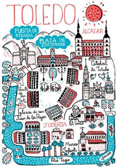 Toledo Art Print by Julia Gash Central St Martins, Large Art Prints, Ancient City, St Martin, The Plaza, A Hill, Illustrated Map, Whimsical Illustration