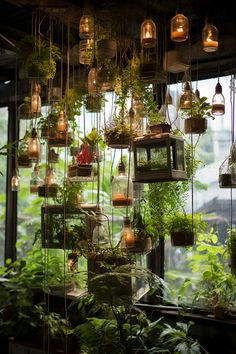 many plants are hanging from the ceiling in front of a window with light bulbs on them