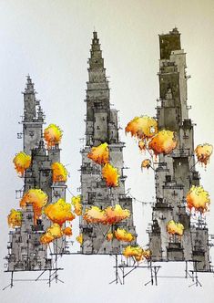 an artistic drawing of tall buildings with yellow flowers