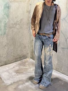 Y2k Jeans Outfit Men, 2000s Boy Outfits, Alt Outfit Men, How To Style Jean Jacket, Whimsigoth Men, Styling Bootcut Jeans, 2011 Outfits, 2000s Punk Fashion, Country Outfits For Men