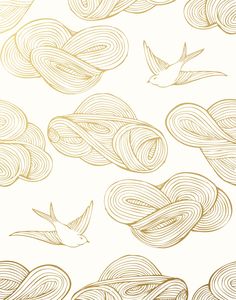 Daydream (Gold) features a pattern of flying birds and floating clouds in metallic on white Hygge And West, Daydream Wallpaper, White Hawk, Hygge & West, Swirling Clouds, Modern Wallpaper Designs, Gold Skies, Pattern Interior, Room Visualizer