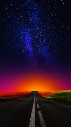 the sky is filled with stars above an empty road at sunset or sunrise, and there are flowers in the foreground