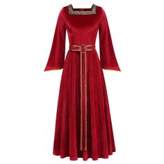 a red velvet dress with gold trimmings on the waist and sleeves, in front of