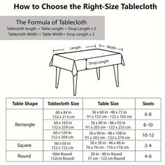 the tablecloth size guide for tables and chairs is shown in this image, which shows how