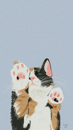 a painting of a cat with its paw on another cat's head and paws in the air