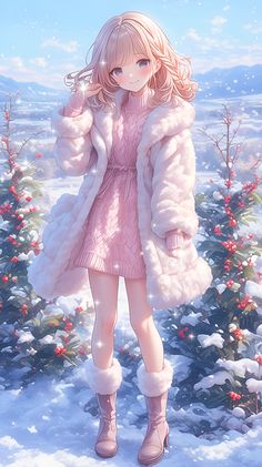 a girl in a pink dress and fur coat standing in the snow with her hands on her hips