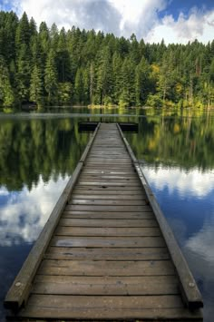 a wooden dock sitting on top of a lake next to a forest filled with trees