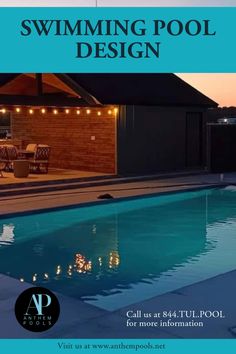 an advertisement for a swimming pool with lights on the deck and in the background is a house