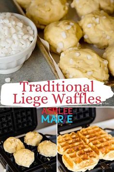 some waffles and other food items on a table with the words traditional lege waffles above them