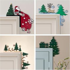 four different pictures of christmas decorations on the wall