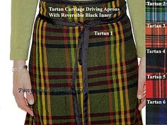 a woman wearing a plaid skirt and green sweater with the words tartan on it