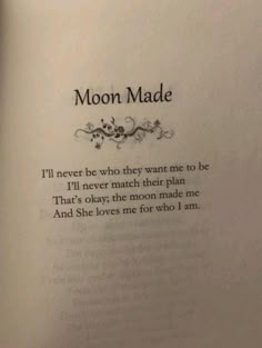 an open book with the words moon made written in black and white ink on it