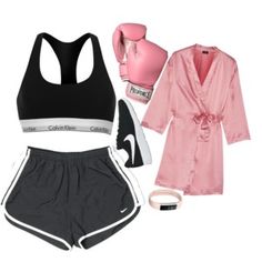 two pieces of clothing including a pink robe, black and white top, and boxing gloves