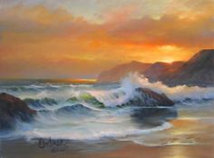 an oil painting of waves crashing on the shore at sunset with mountains in the background