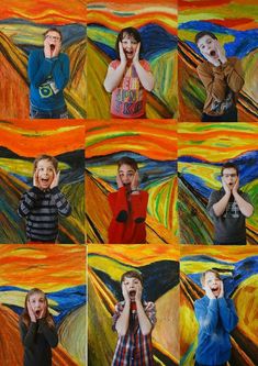 multiple images of people making silly faces in front of the scream painting