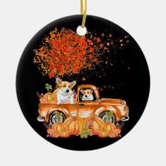 an orange truck with a dog in the back christmas ornament