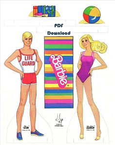 the paper doll is wearing swimsuits and has an image of a woman standing next to a beach ball