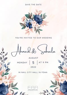 an elegant wedding card with flowers and leaves on the front, in pastel tones