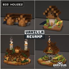 four different views of a small house made out of lego blocks and wood, with the words vanilla reamp on it