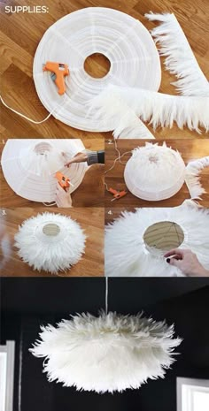 some white feathers are being used to make a diy project for someone's room