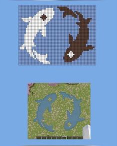 two cross stitch patterns, one with an animal and the other with a fish on it