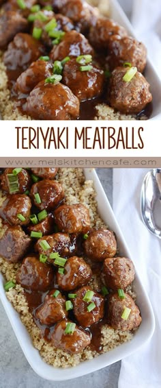 two pictures of meatballs and rice with green onions in them on a white plate