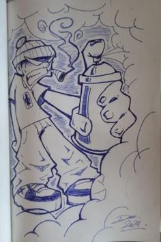 a drawing of a man holding a fire extinguisher in front of him