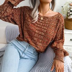 Orange Drop Shoulder Long Sleeve Cable Knit Sweater Fried Dough, Stylish Coat, Hoodie Cardigan, Bat Sleeve, Fashion Color, Loose Sweater, Crop Top Blouse, Lantern Sleeve, Cable Knit Sweater