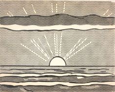 an image of the sun rising over water with waves and dots on it in black and white