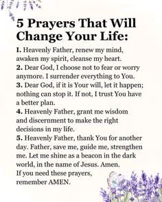 a poem with lavender flowers and the words 5 prayers that will change your life